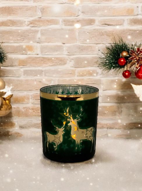 Windlicht aus Glas
Farbe: Matt Grün mit goldigem Rand
H:10cm D:8.8cm