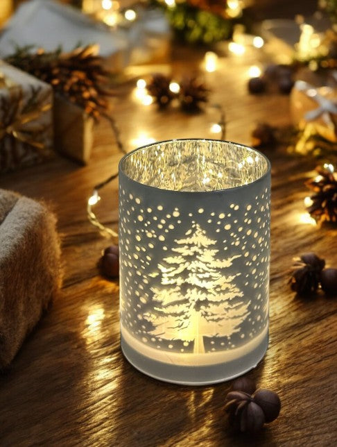 LED Windlicht Glas Silber mit 10LED Micro Light Design Tannenbaum