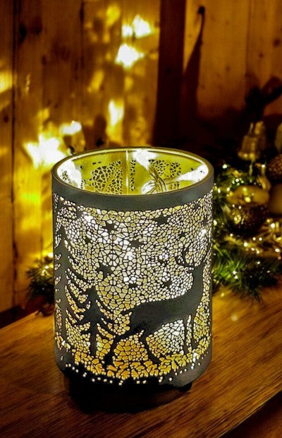 Windlicht schwarz aus Metall Motiv: Hirsch im Wald