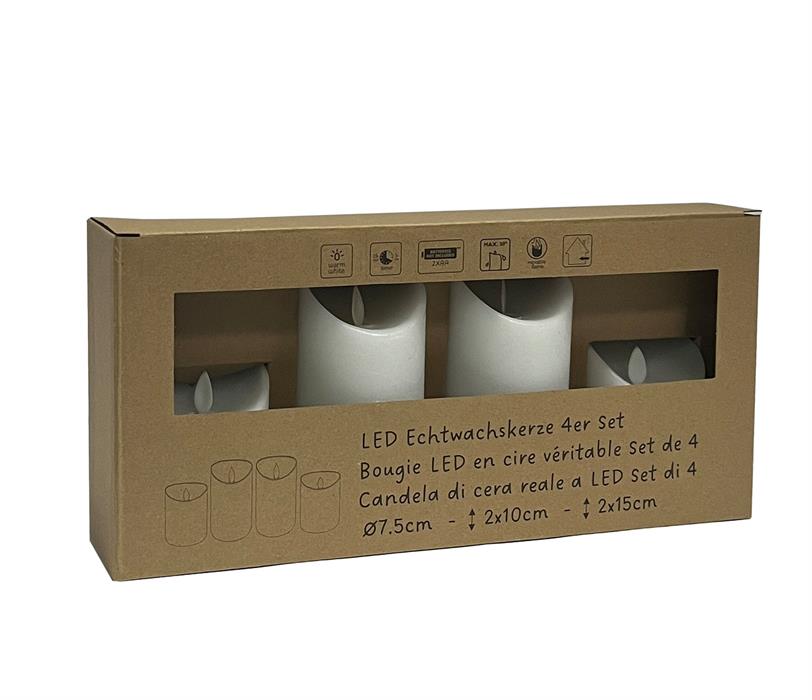 Set di 4 candele di cera a LED con fiamma bianca rustica in movimento
P:7 cm / 2x A:10 cm + 2x A:15 cm