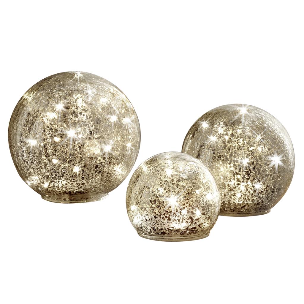 LED Glas Kugel 3er Set
gebrochenes Glas (Crack) 
D: 10/12/15cm
Warm weisses Licht