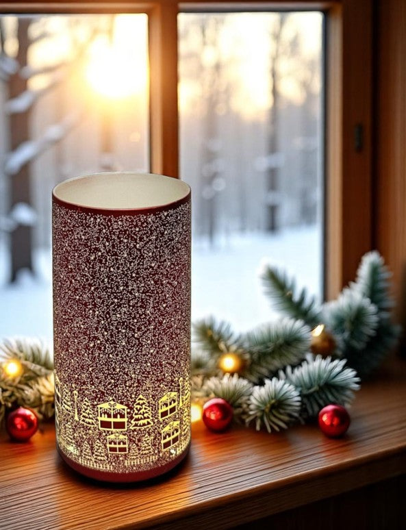 Windlicht aus Glas Bergdorfmotiv rot weiss