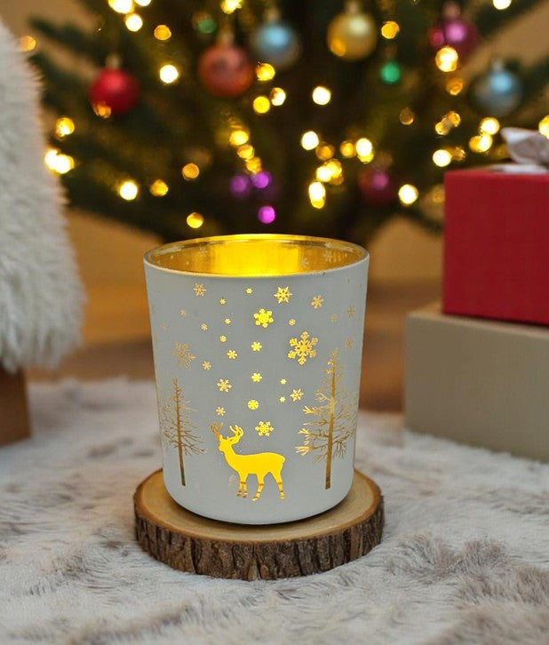 Windlicht aus Glas Farbe: Weiss / Gold D:8.8cm H:10cm