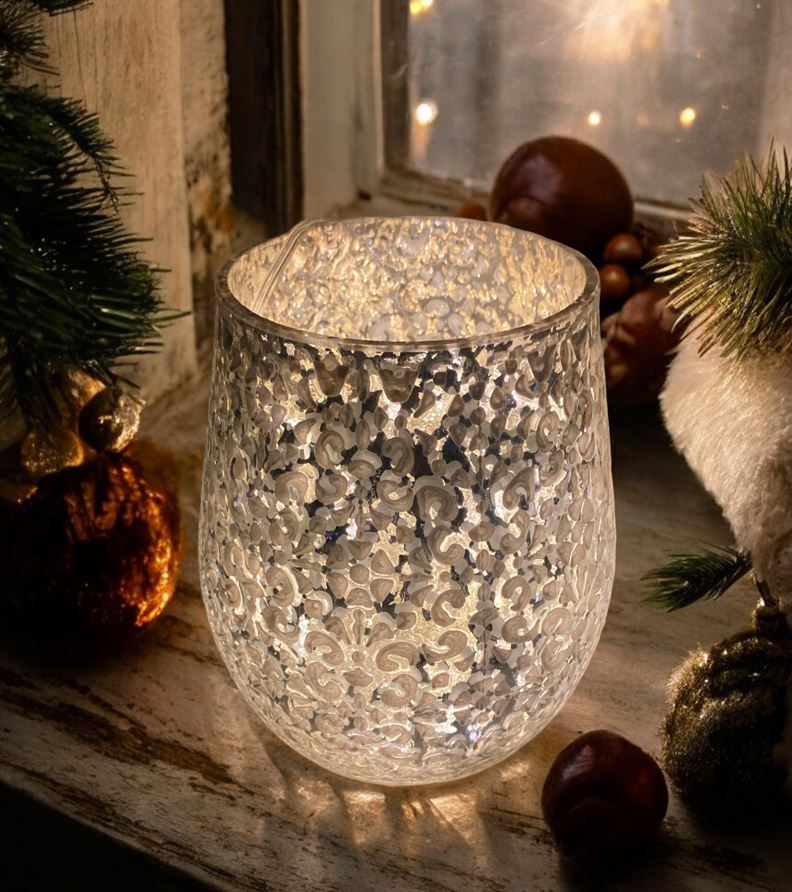 Windlicht aus Glas 
silber -weiss
mit Blütenmuster H12.5cm