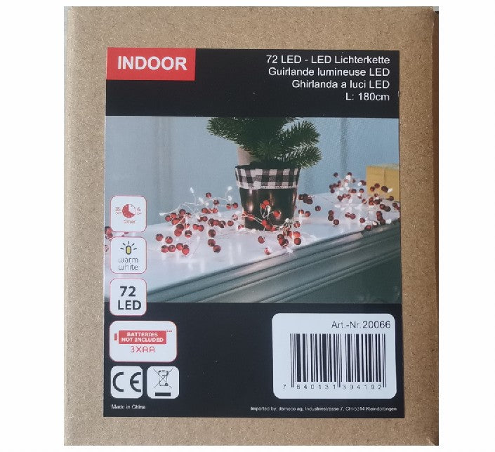 LED Lichterkette Cluster
mit roten Kügelchen
72 warm weisse LED
Länge 180cm
