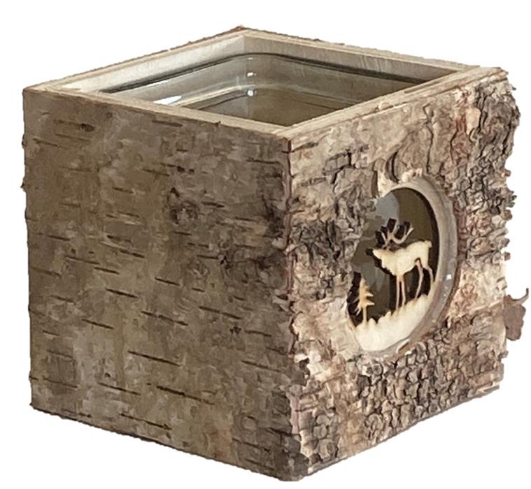 Lanterne en bois avec insert en verre
L9cm x L9cm xH9cm
Motif : renne