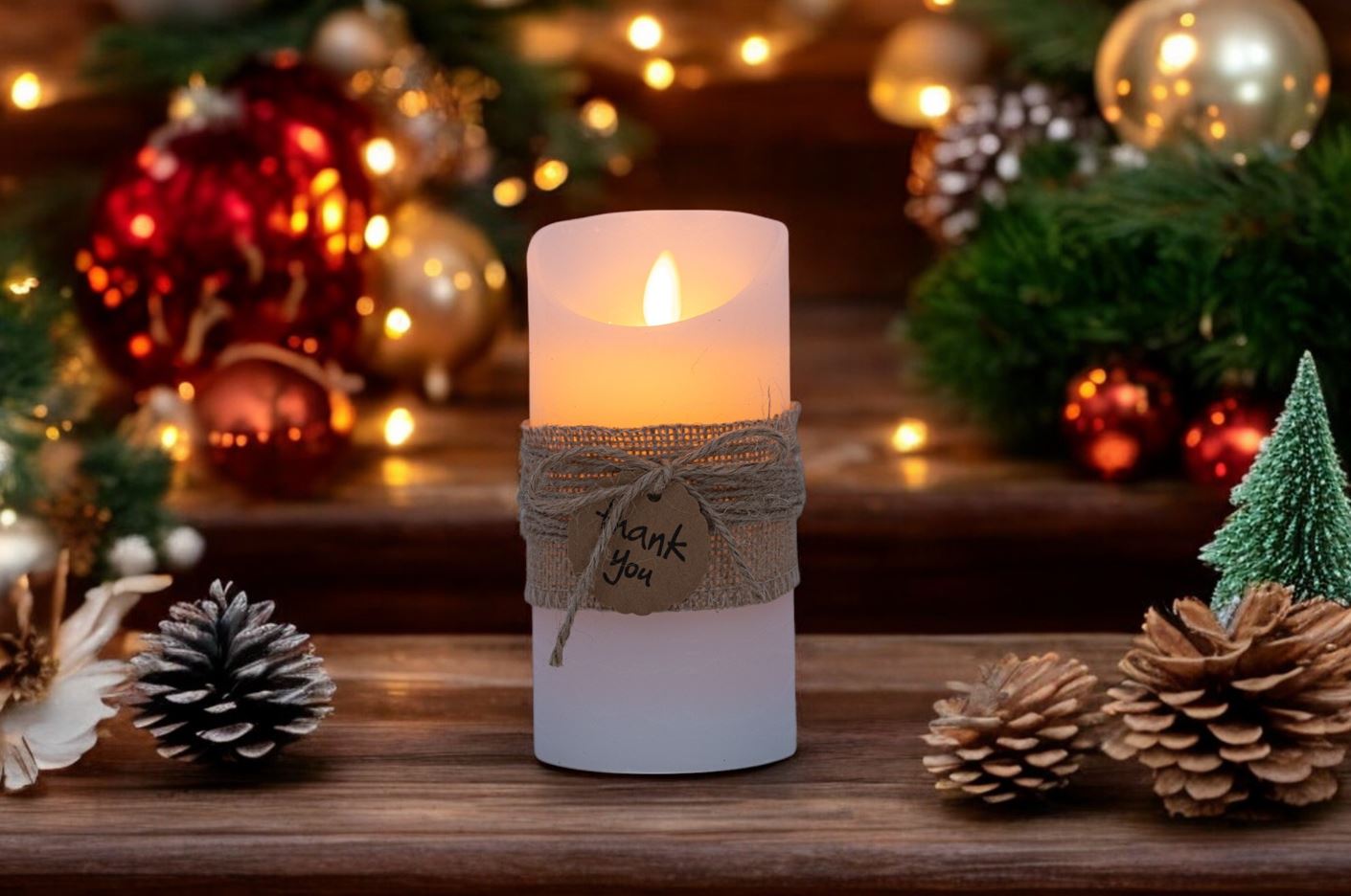 Bougie en cire LED blanche rustique
 "Merci"
 avec une flamme en mouvement
 D:7,5 cm-H:15 cm