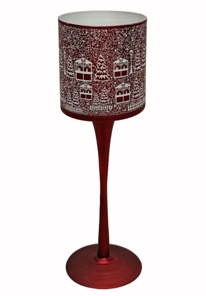 Windlicht Kelch aus Glas Bergdorfmotiv rot weiss