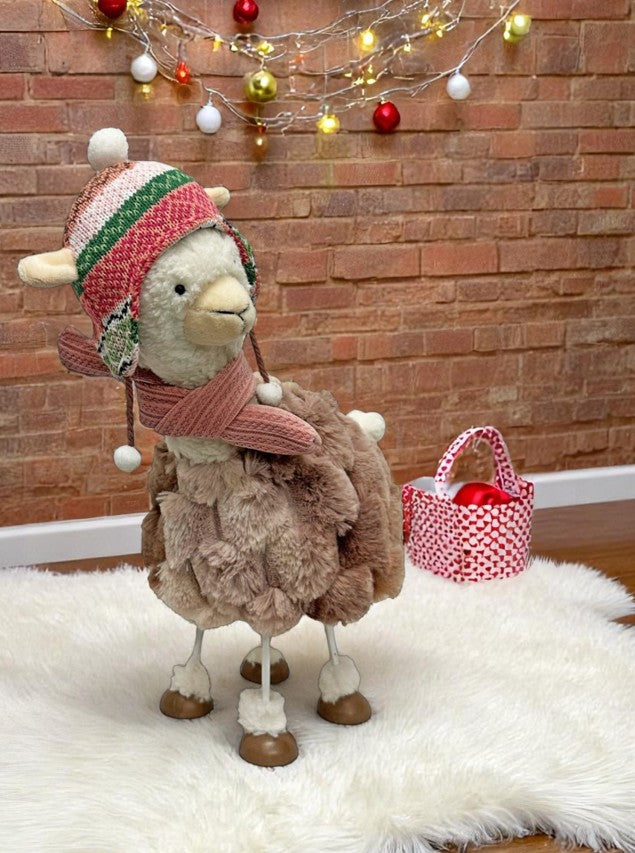 Deko Alpaca stehend wippend in Weiss mit Mütze rosa