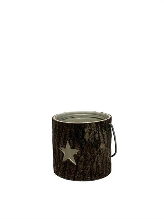 Windlicht aus Holz mit Henkel
und Glaseinsatz
Farbe: Braun
D:11cm H:11cm