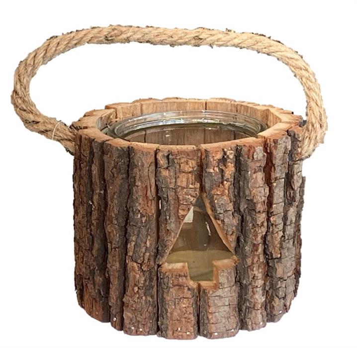 Windlicht aus Holz mit Glaseinsatz
und Kordel,
D13.5 x H11cm,
Motiv: Tannenbaum