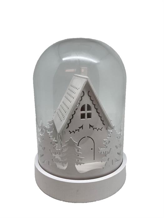 LED Glasglocke mit 3LED
auf weissem Holz Sockel
Haus im Wald
warm weisses Licht