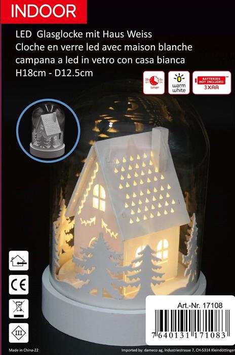 LED Glasglocke mit 3LED
auf weissem Holz Sockel
Haus im Wald
warm weisses Licht