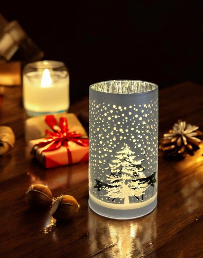 LED Windlicht Glas Silber mit 15LED Micro Light Design Tannenbaum