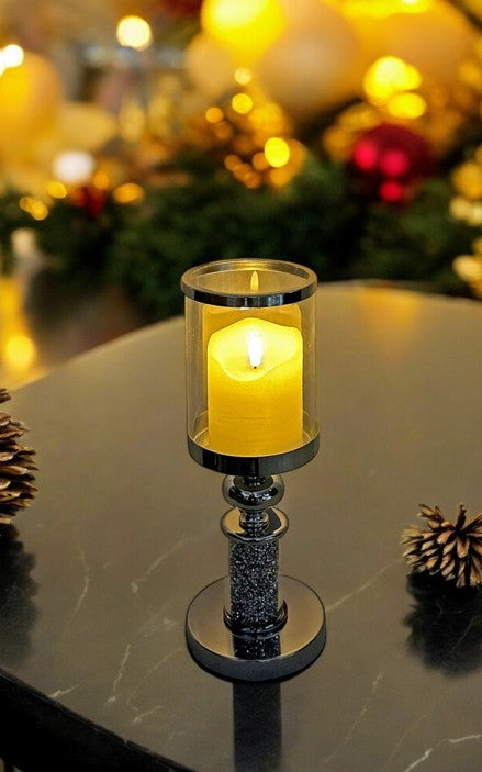 Windlicht Kelch aus Metall gefüllt mit Strasssteinen H36cm