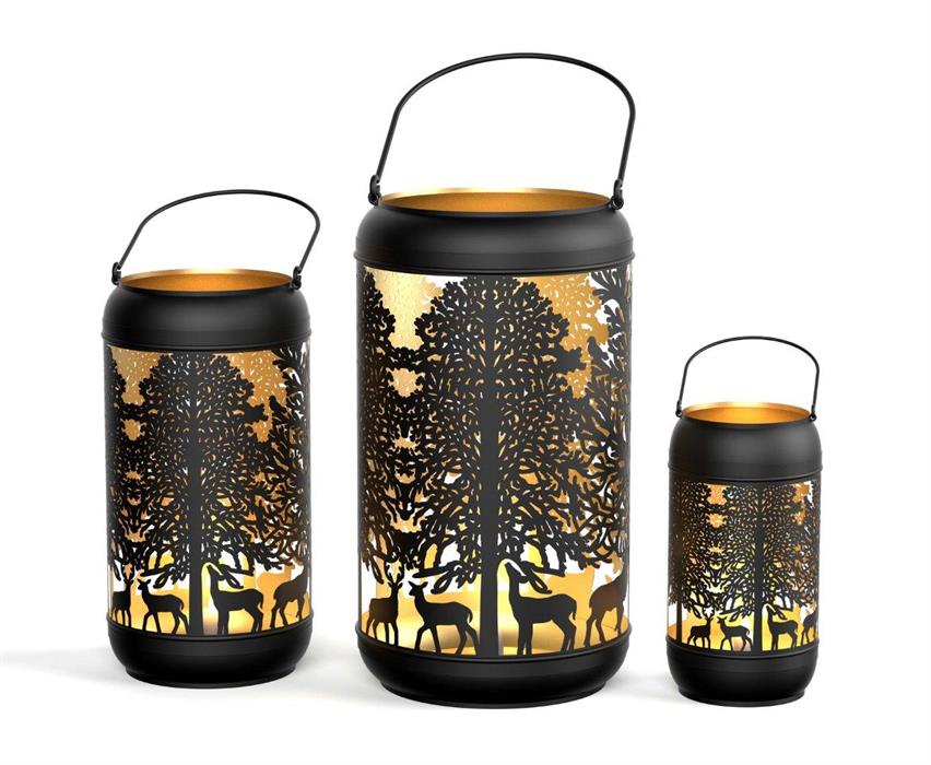 Windlicht Forest 3er Set mit Henkel aus Metall schwarz gold