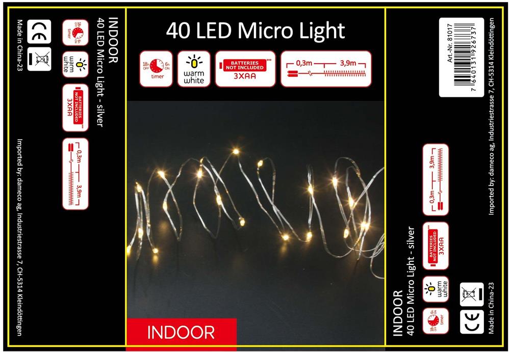 Guirlande lumineuse micro fil LED 40 LED
L: 390 cm
fil d'argent
