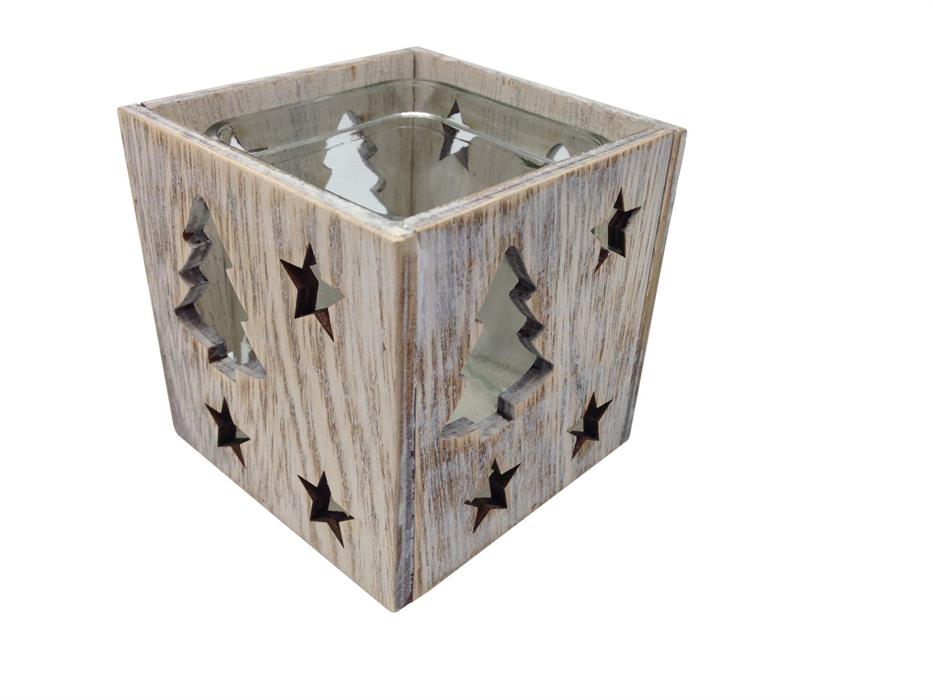 Windlicht aus Holz mit Glaseinsatz
Motiv: Tannenbäume
L:9cm B:9cm H:9cm