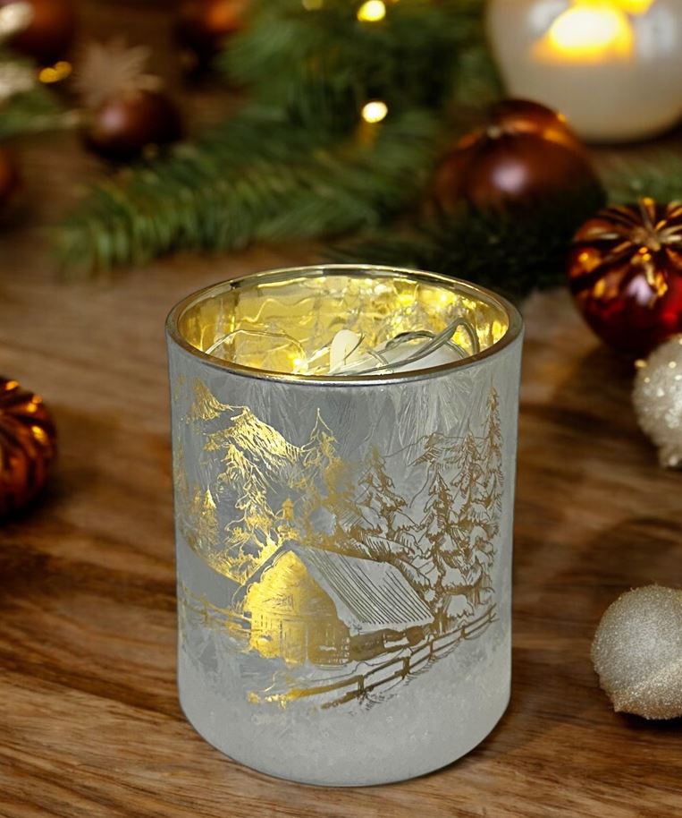 Windlicht aus Glas Bergdorfmotiv silber H10cm