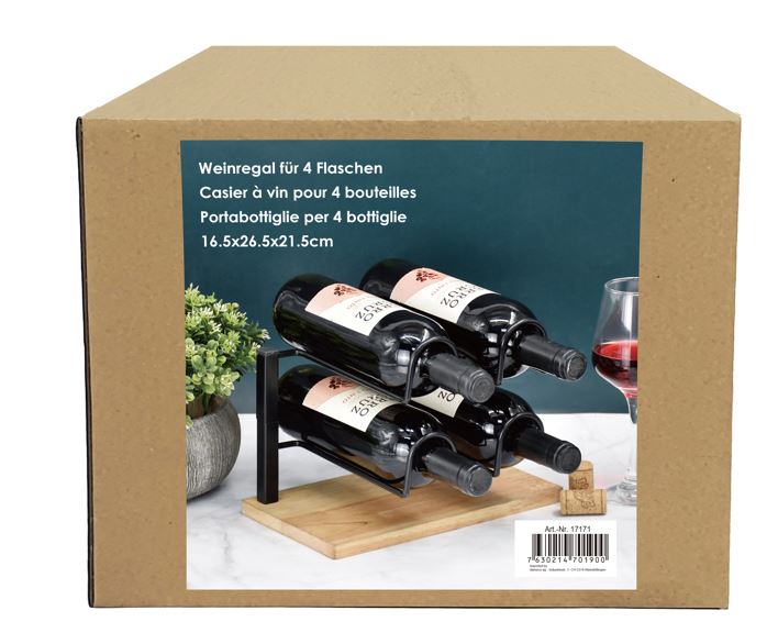 Weinregal für 4 Flaschen aus Metall und Holz in Braun