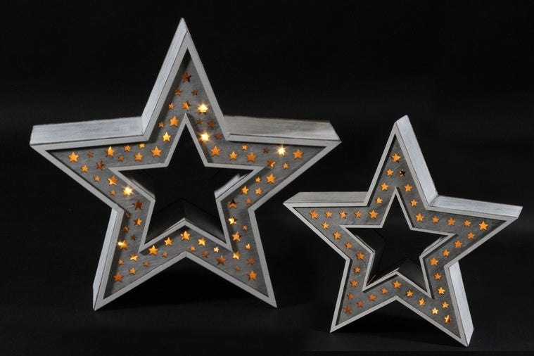 LED Holz Stern mit Stern Design 28 LED, D:37cm
Farbe: Grau/Weiss Washed