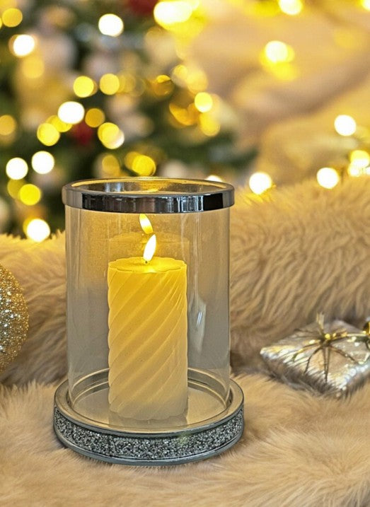 Windlicht aus Glas mit Strasssteinen auf Metallsockel H25cm