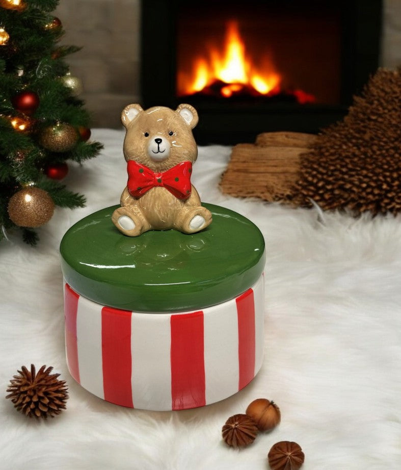 Deko Dose Teddybär weiss rot gestreift grüner Deckel