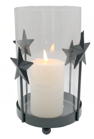 Windlicht aus Glas
mit schwarzem Metallrand
und mit Sternen