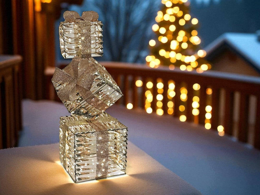 LED Geschenkbox gold Outdoor aus Metall mit 350LED Micro Light goldige PET Streifen