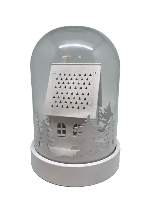 LED Glasglocke mit 3LED
auf weissem Holz Sockel
Haus im Wald
warm weisses Licht
