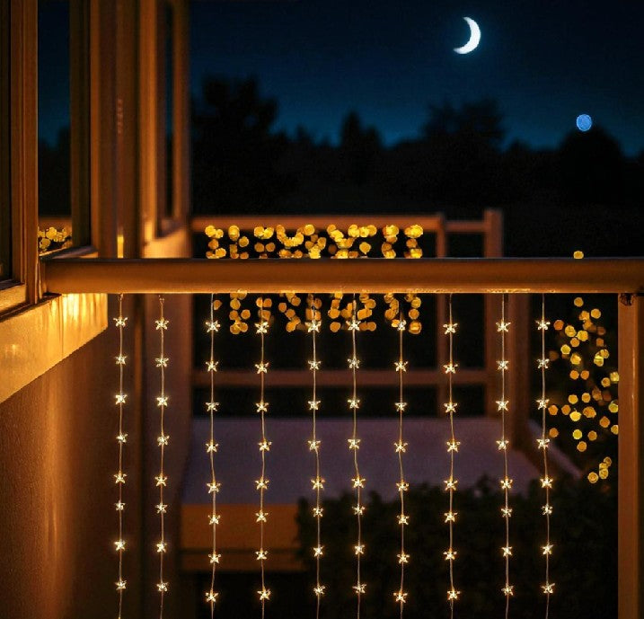 LED Lichtervorhang Outdoor mit Sternen 100 LED B: 225cm H: 200cm Warm weisses Licht