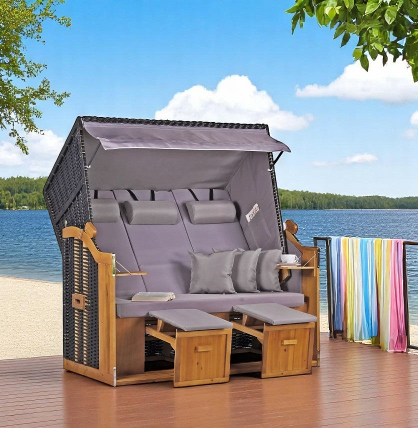 Strandkorb "Ostsee" XXL Uni-Grau Massivholzgestell / wetterfestes Kunstrattan (schwarz)