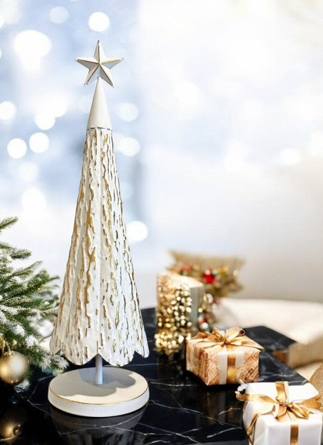 Deko Tanne aus Metall altweiss gold mit Stern auf der Spitze