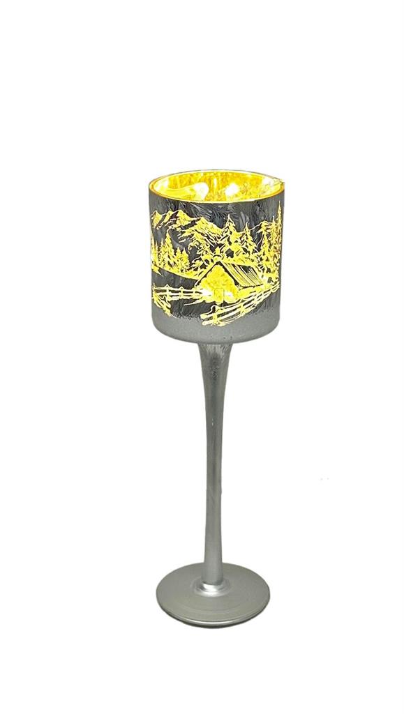 Windlicht Kelch aus Glas Bergdorfmotiv silber H25