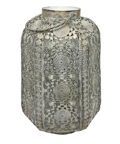 Laterne aus Metall Antik
mit Glaseinsatz
Farbe: antik Grau/Gold
D:30cm H:55.5cm