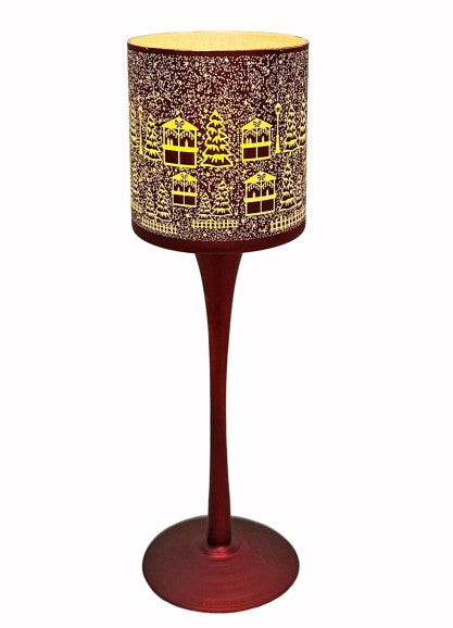 Windlicht Kelch aus Glas Bergdorfmotiv rot weiss