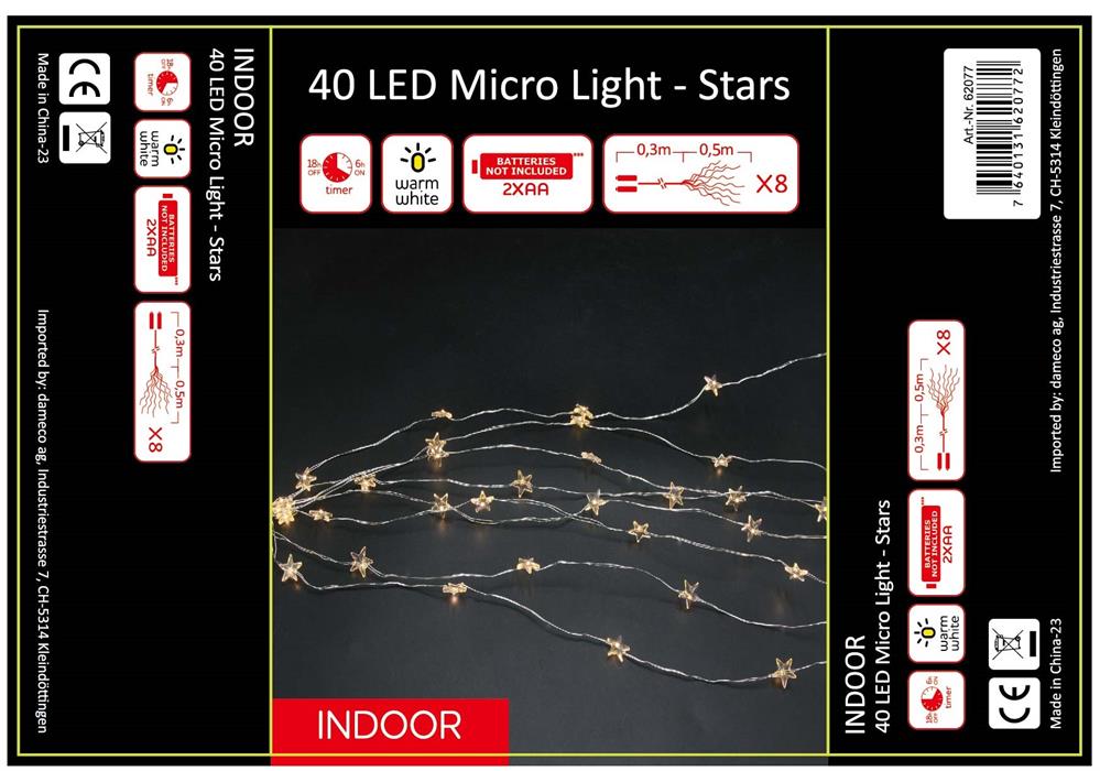 Lucine LED a microfilo
con stelle 40 LED
Lunghezza 50 cm
filo d'argento