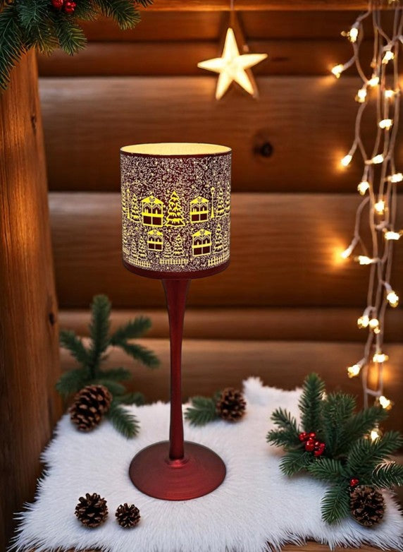 Windlicht Kelch aus Glas Bergdorfmotiv rot weiss