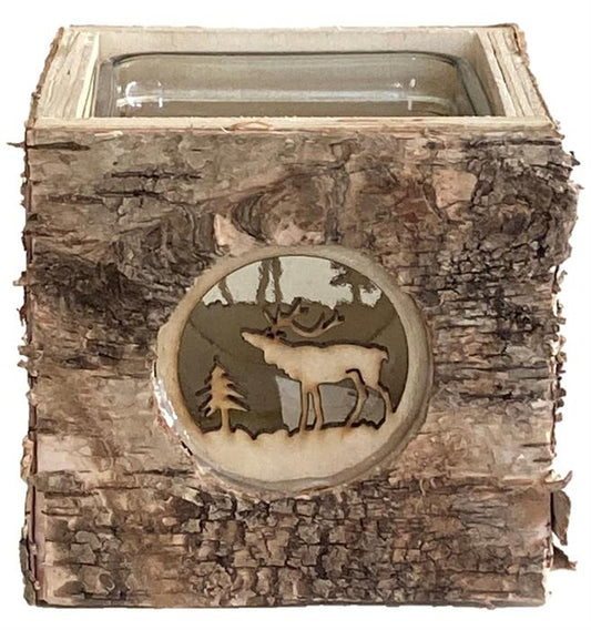 Windlicht aus Holz mit Glaseinsatz
L9cm x B9cm xH9cm
Motiv: Rentier
