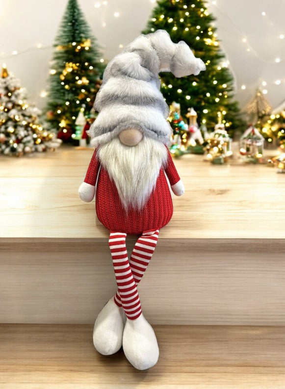 Deko Wichtel Kantenhocker rot weiss mit flauschiger Mütze grau weiss