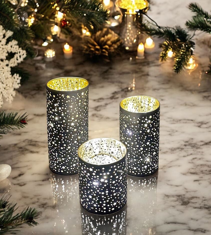 LED Windlicht schwarz aus Glas 3er Set Motiv: Sterne