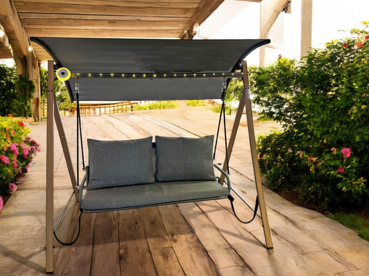 Hollywood Garten Schaukel mit Stahlrahmen in Holzfinish Kissen und Top in Dunkelgrau