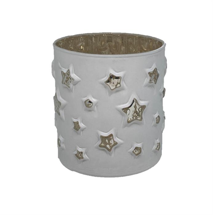 Windlicht aus Glas
weiss mit Sternenmotiv H10cm