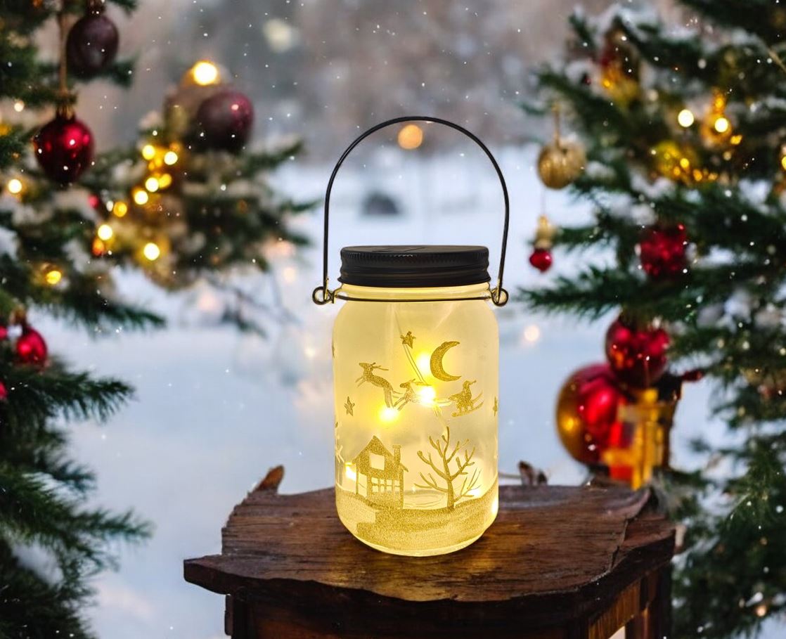 LED Windlicht mit Henkel 
Schnee Design 
mit Microlight 6LED 
warm weisses Licht