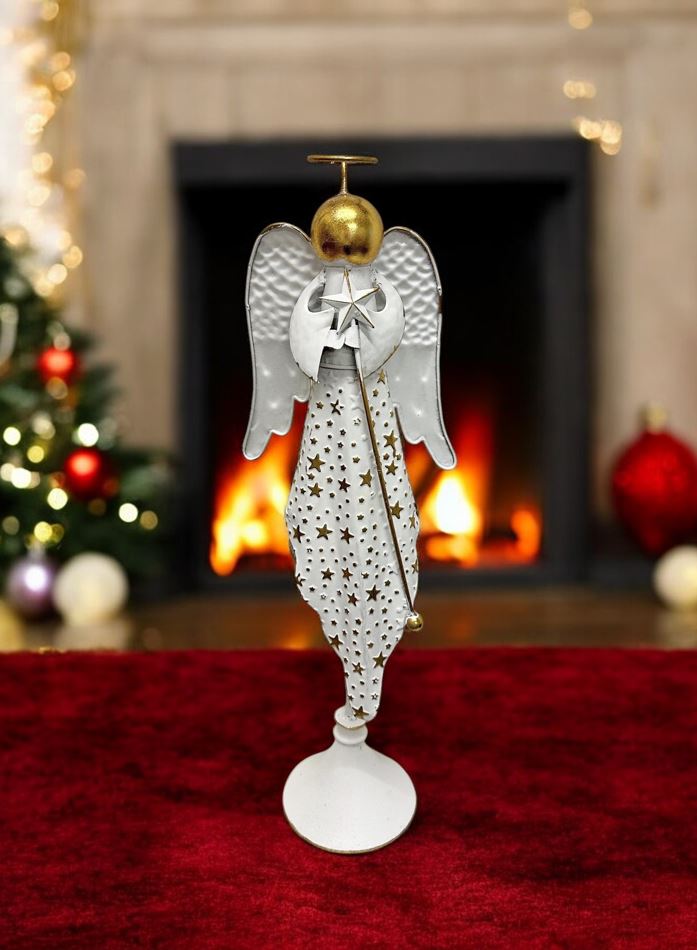 Deko Engel aus Metall mit Stern altweiss gold H56.5cm