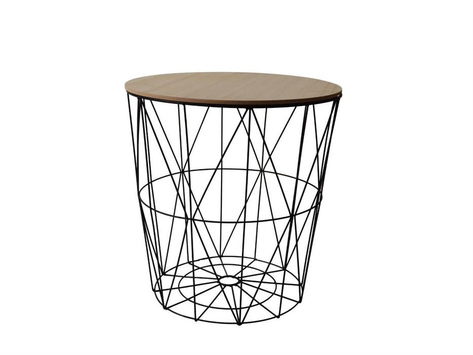 Table d'appoint corbeille en métal avec couvercle en bois