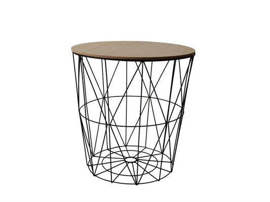 Table d'appoint corbeille en métal avec couvercle en bois