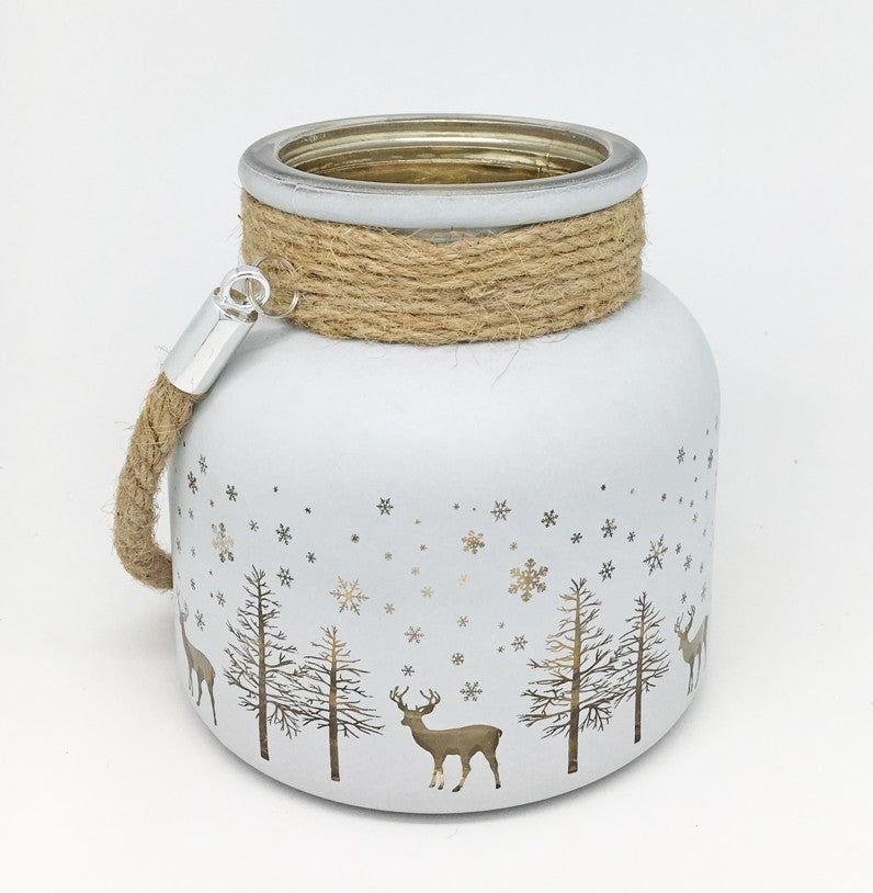 Windlicht aus Glas mit Kordel - Weiss/Gold H: 12cm D: 12cm