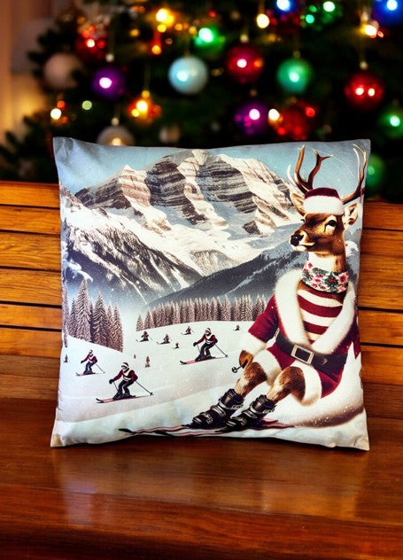 Kissen Hirsch XMAS auf Ski Digitaldruck einseitig mit Reisverschluss
