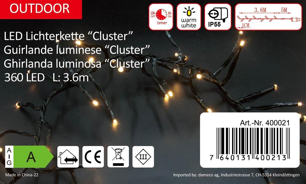 Fata di luci LED da esterno “cluster”.
Luce bianca calda a 360 LED
L: 360 cm Colore cavo: Verde